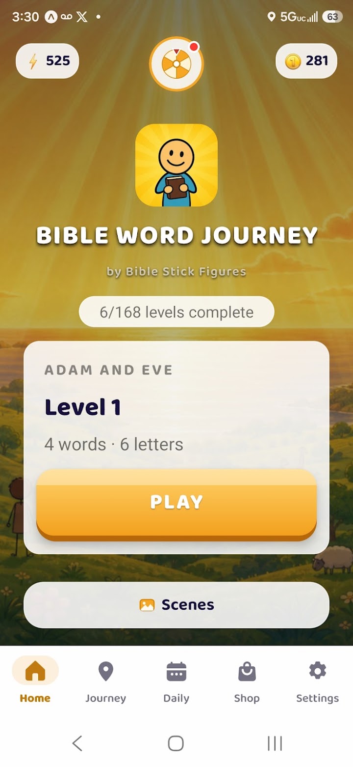 Bible Word Journey home screen showing the next level to play