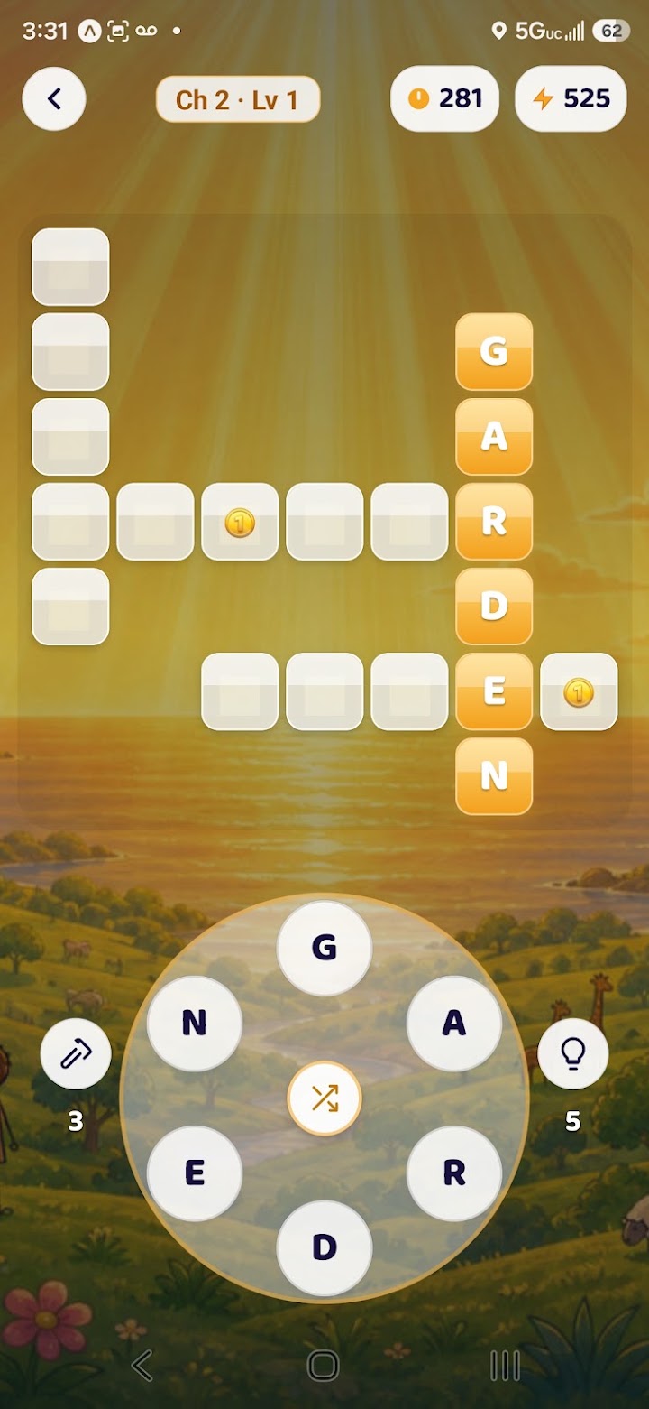 Spelling the word GARDEN on the letter wheel to fill the crossword grid