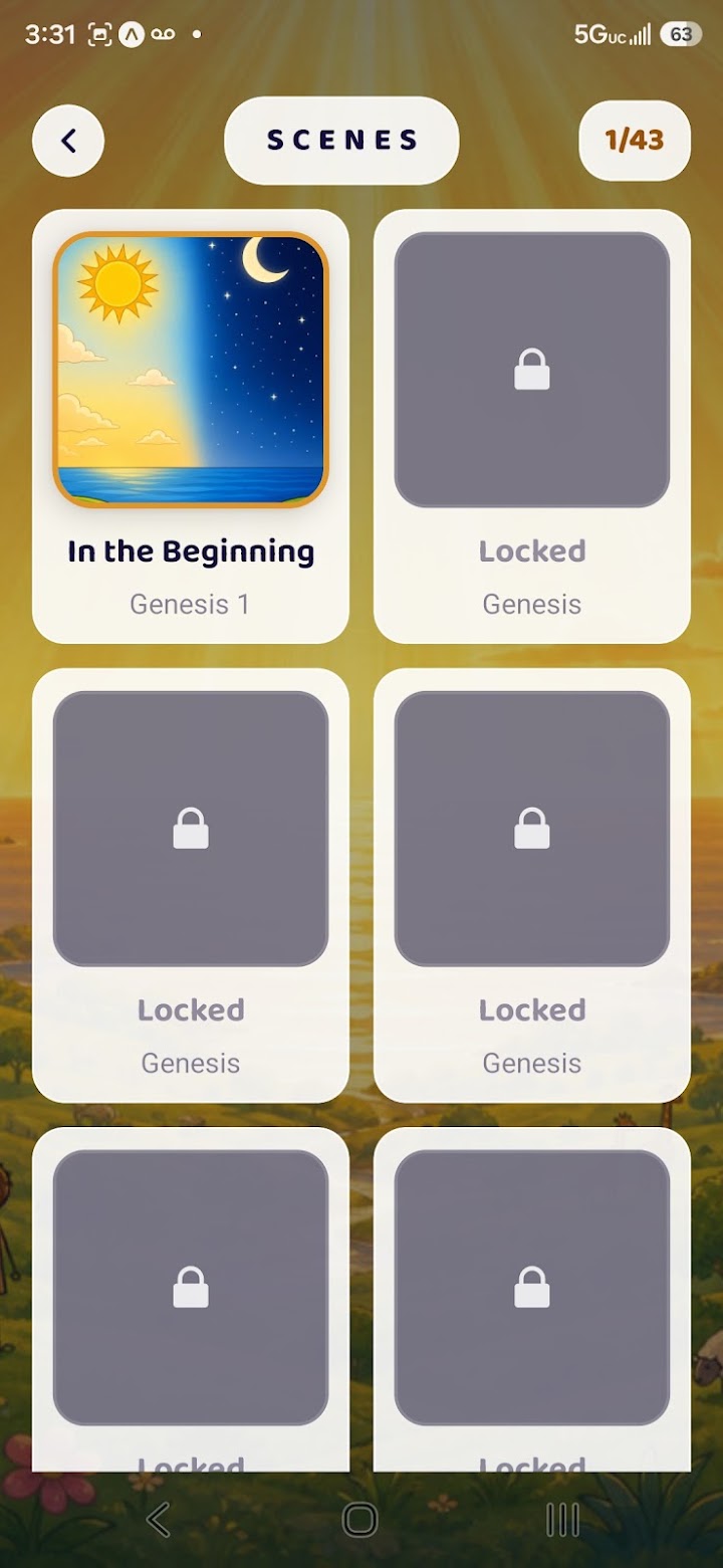 A gallery of Bible scene cards, unlocked one level at a time