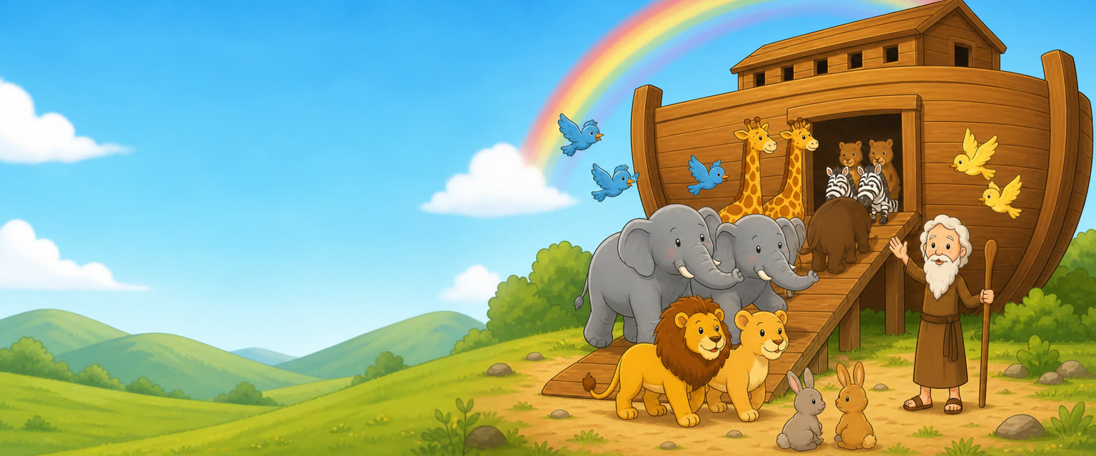 Cartoon illustration of Noah's Ark with animals gathering two by two