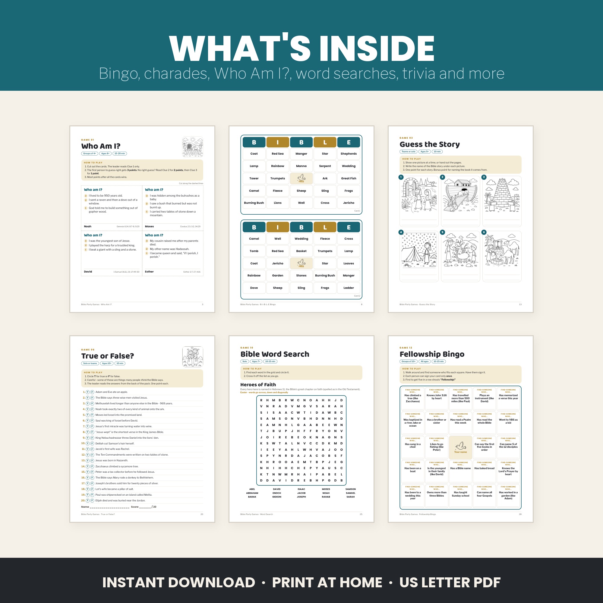 Inside Bible Party Games: bingo, Who Am I, word search and more