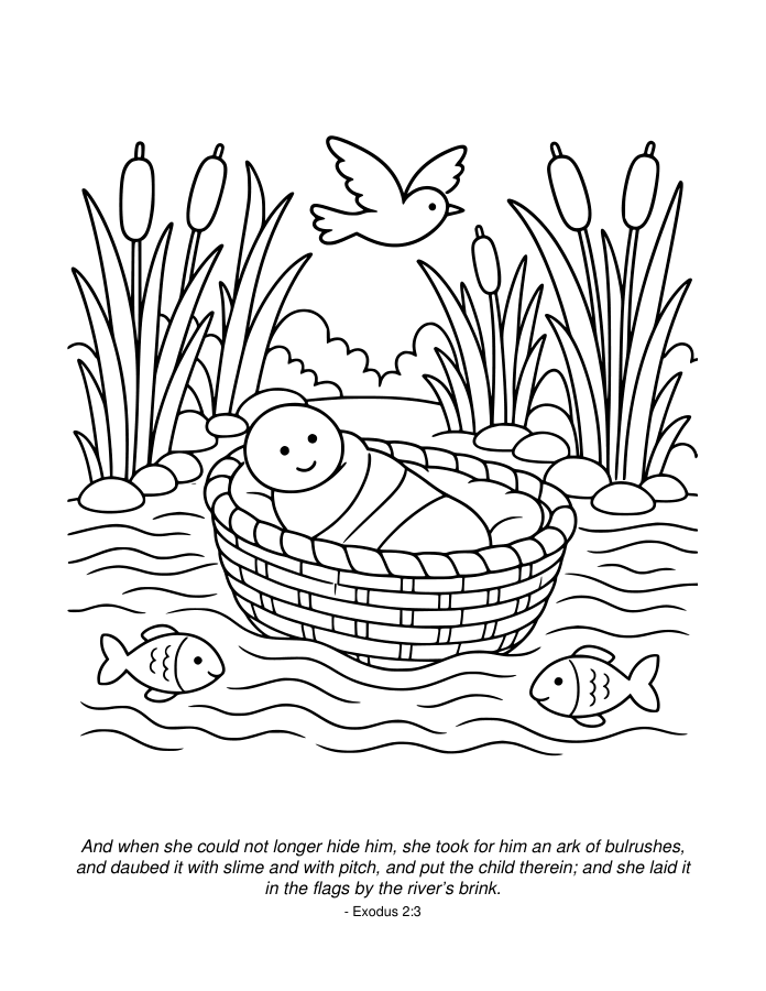 An Exodus coloring page with bold outlines and a King James Bible verse