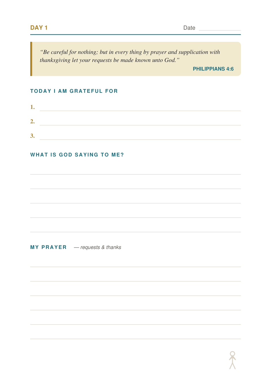 A daily journal page with a King James Bible verse, three gratitude lines, reflection space, and room to pray