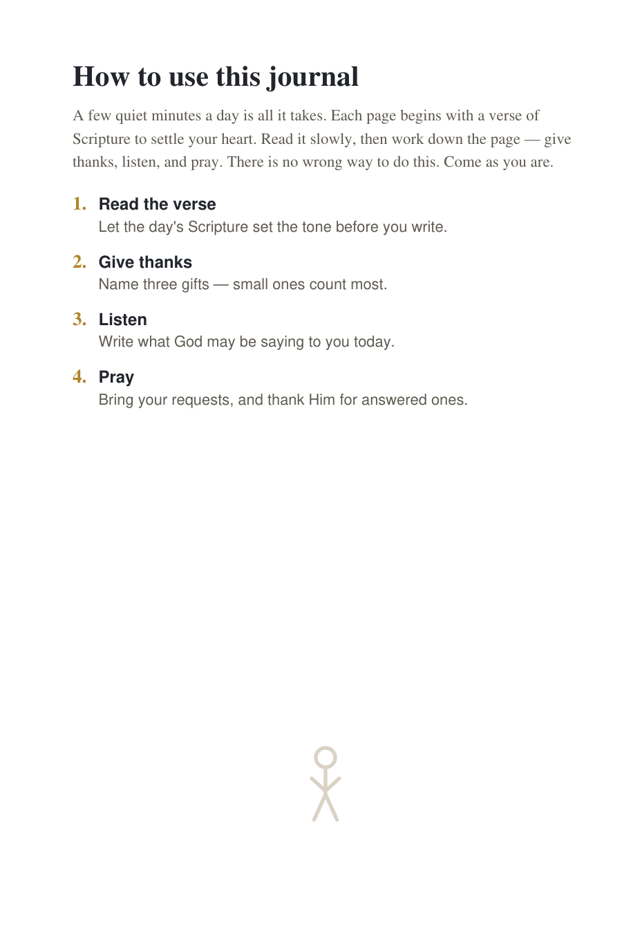 How to use the journal: read the verse, give thanks, listen, and pray